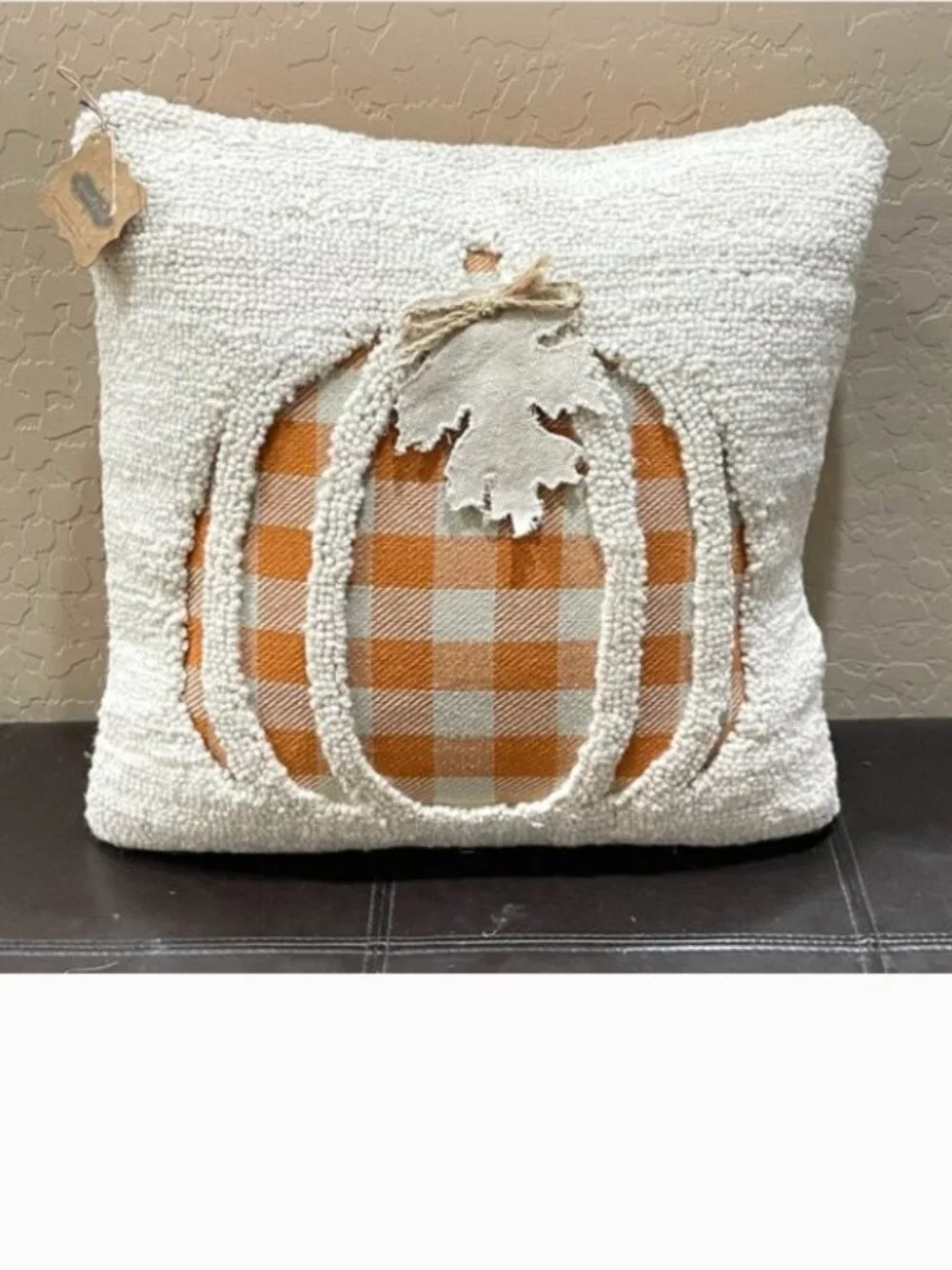 New Mud Pie Pumpkin Pillow Recessed Hooked White Orange Plaid Fall Halloween